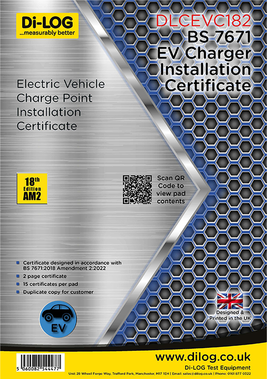 Di-Log Electric Vehicle Charging Point Installation Certificate -SINGLE CIRCUIT- DLCEVC182